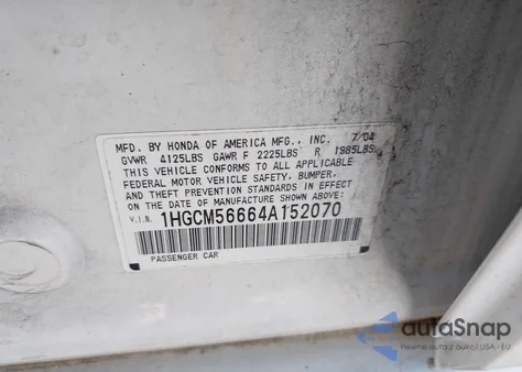 2004 Honda Accord 2.4 Ex from USA, damaged, VIN 1HGCM56664A152070